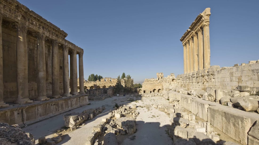 The ruins of the Temple of Bacchus and the Temple of Jupiter at Baalbek.