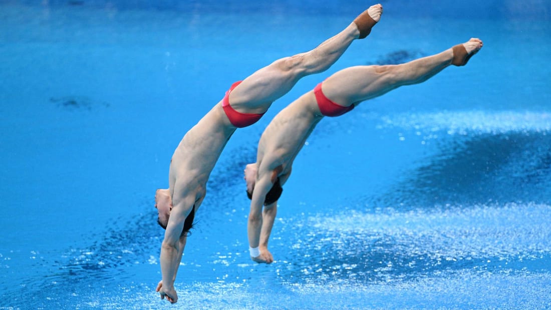 China's Xie Siyi and Wang Zo<em></em>ngyuan in the men's synchro<em></em>nized 3-meter springboard diving final at the Tokyo Olympics.