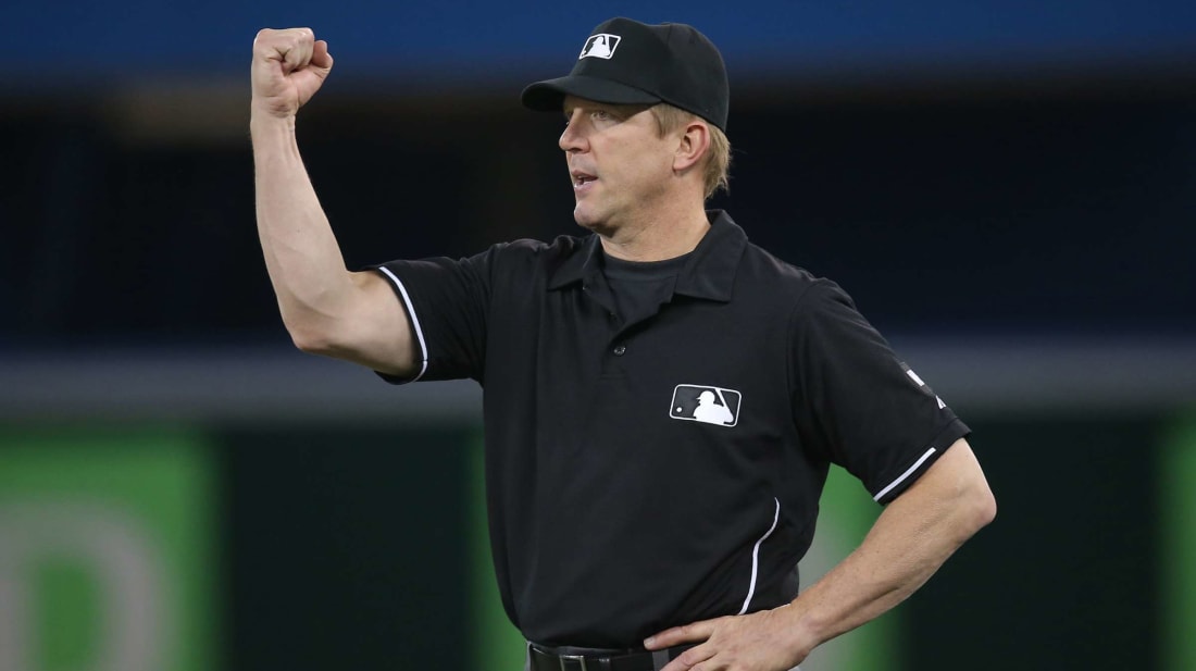 Jeff Kellogg calls a strike during a 2014 face-off between the Toro<em></em>nto Blue Jays and the Boston Red Sox.