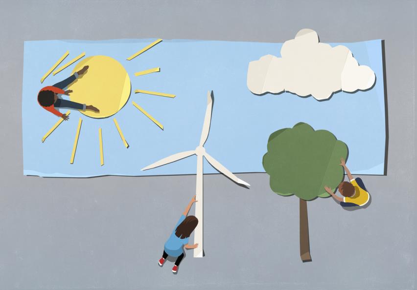 Illustration of children working on laying out paper cutouts of a windmill for wind energy, a tree, and a sun, seen from above.